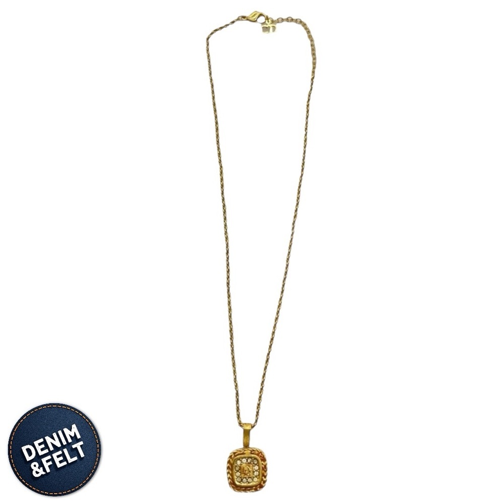 Christian Dior Vintage Logo Plate Rhinestone Gold‎ Plated Pendant Necklace 💛 - Picture 7 of 11